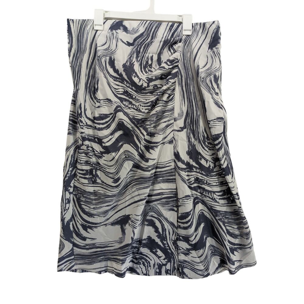 A New Day Midi Slip Skirt XXL‎ White Blue Swirl Ruched Satin Slit High Rise Work